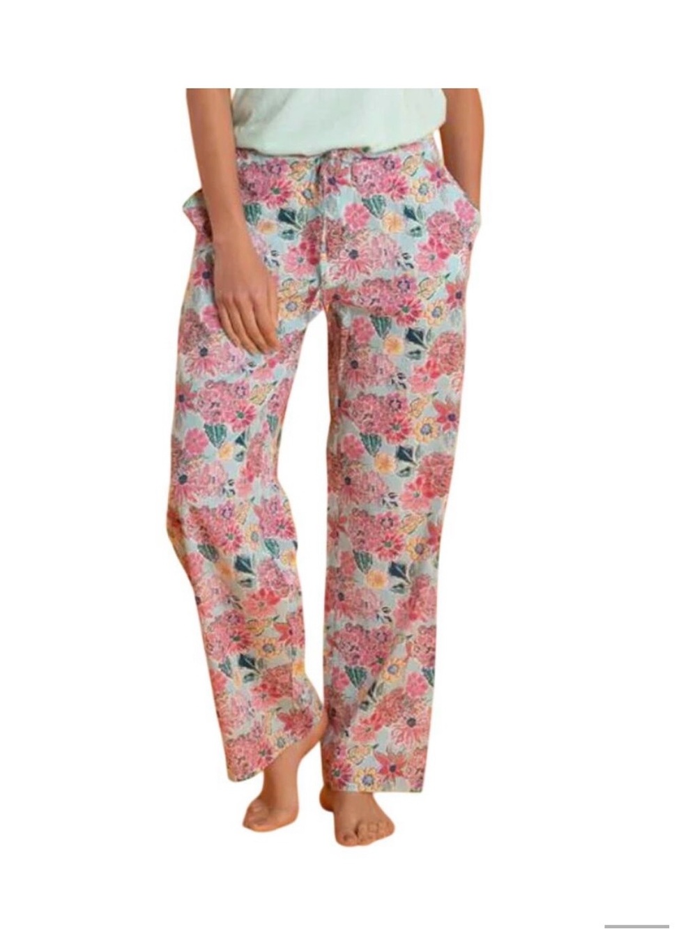 Mahogany Zoe Floral Drawstring Pajama Pants Pink Blue XL Wide Leg 100% Cotton